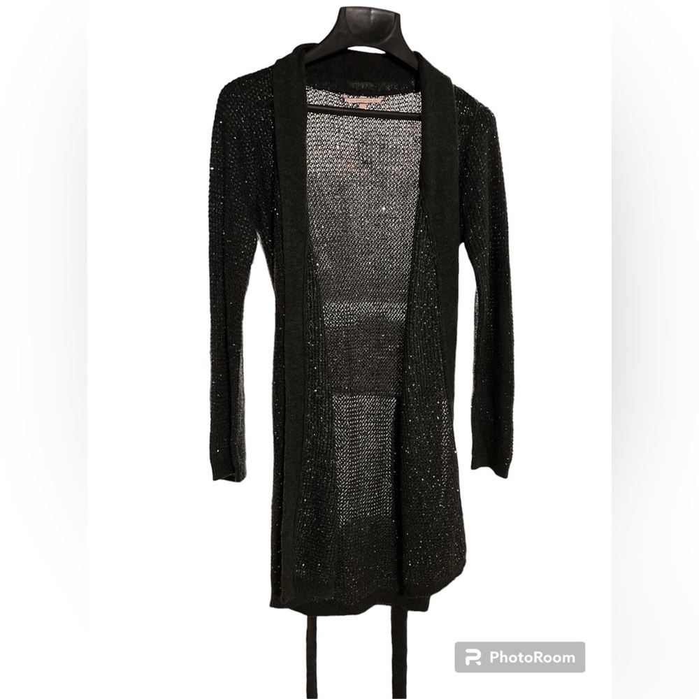 Victoria’s Secret belted dark grey cardigan with silver sequins.